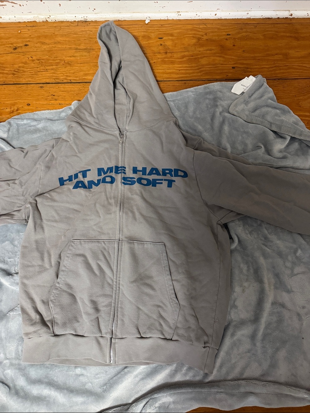 Billabong Gray Zip Hoodie with Blue Chest Text